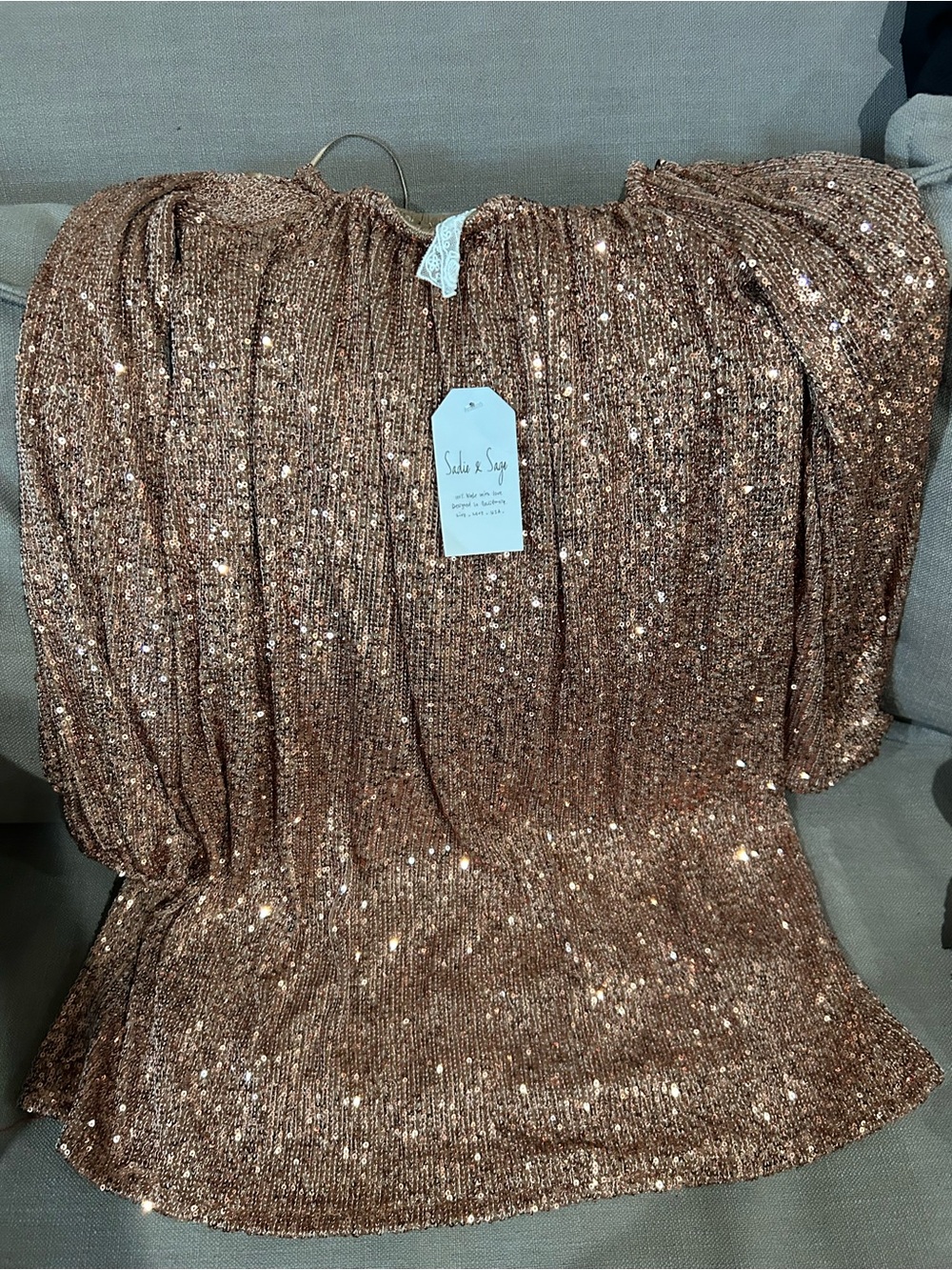 Sequin Off-Shoulder Smocked Waist Top - Rose Gold